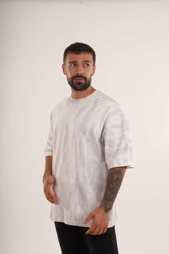 OVERSİZE T-SHİRTBeyaz Yüksek Kalite Batik Desen Oversize T-SHİRT VMS 40318