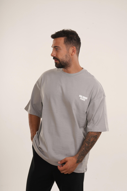 OVERSİZE T-SHİRTGri Far Away Place Kabartma Baskılı Compak Pamuk Oversize TSHİRT EST E70108