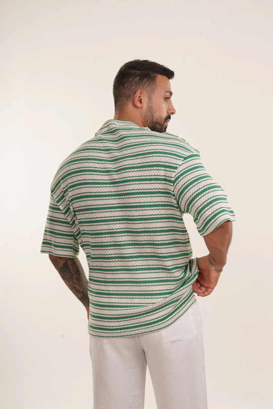 OVERSİZE T-SHİRTHaki Örgü Triko Yatay Çizgili Oversize TSHİRT EST E70074