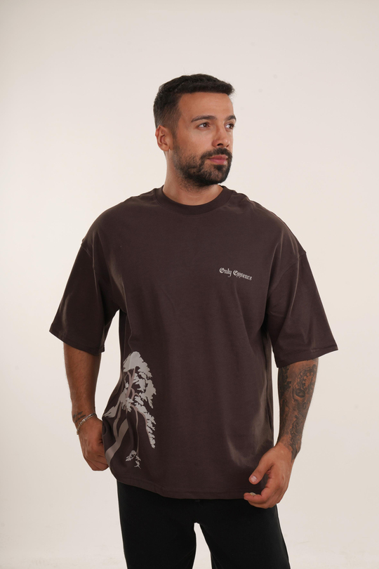 OVERSİZE T-SHİRTKahve Göğüs Only Essence Baskılı Compak Pamuk Oversize TSHİRT EST E70146