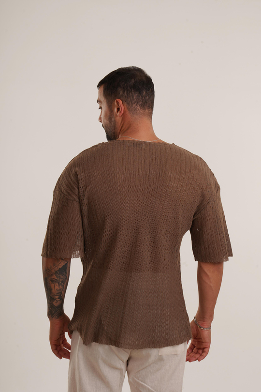 OVERSİZE T-SHİRTKahve Pis Kesim Delikli Oversize TSHİRT EST E70156