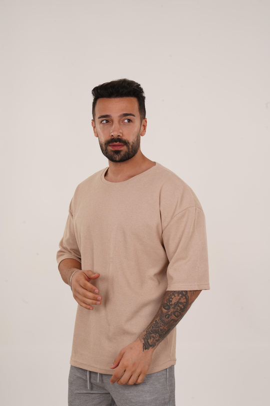 OVERSİZE T-SHİRTKrem Waffle Double Kalıp Oversize T-shırt SC