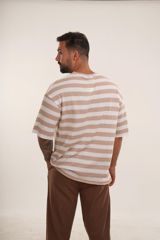 OVERSİZE T-SHİRTKrem Yatay Çizgili Pis Kesim Triko Havlu Tshirt EST E