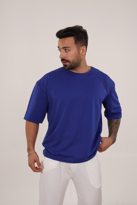 OVERSİZE T-SHİRTSaks Mavi 2 İplik Double Kalıp Oversize T-SHIRT GRK