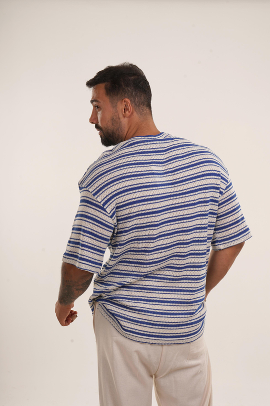 OVERSİZE T-SHİRTSaks Örgü Triko Yatay Çizgili Oversize TSHİRT EST E70074