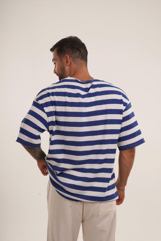 OVERSİZE T-SHİRTSaks Yatay Çizgili Pis Kesim Triko Havlu Tshirt EST E