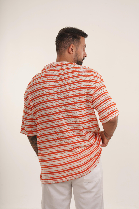 OVERSİZE T-SHİRTTuruncu Örgü Triko Yatay Çizgili Oversize TSHİRT EST E70074
