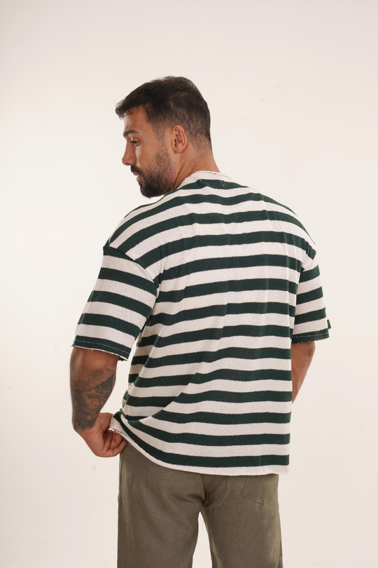 OVERSİZE T-SHİRTYeşil Yatay Çizgili Pis Kesim Triko Havlu Tshirt EST E