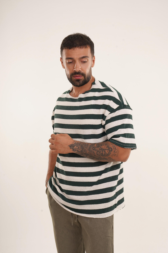 OVERSİZE T-SHİRTYeşil Yatay Çizgili Pis Kesim Triko Havlu Tshirt EST E