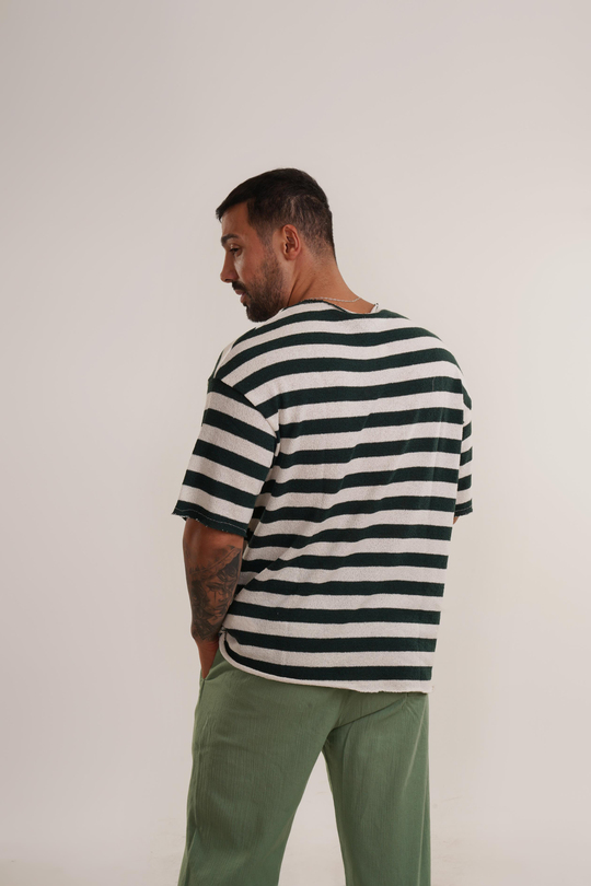 OVERSİZE T-SHİRTZümrüt Yatay Çizgili Pis Kesim Triko Havlu Tshirt EST E70076