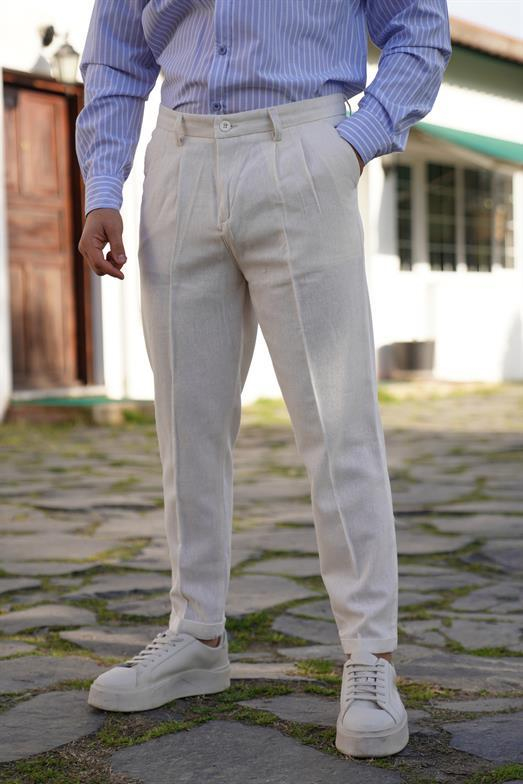 PantalonBej OLD MONEY İTHAL KUMAŞ DUBLE BORU PAÇA PANTALON SNZ 3900 2024