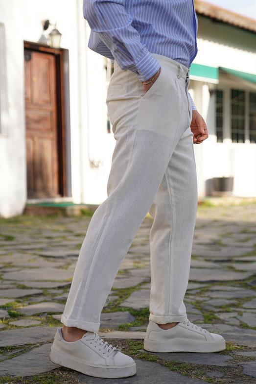 PantalonBej OLD MONEY İTHAL KUMAŞ DUBLE BORU PAÇA PANTALON SNZ 3900 2024