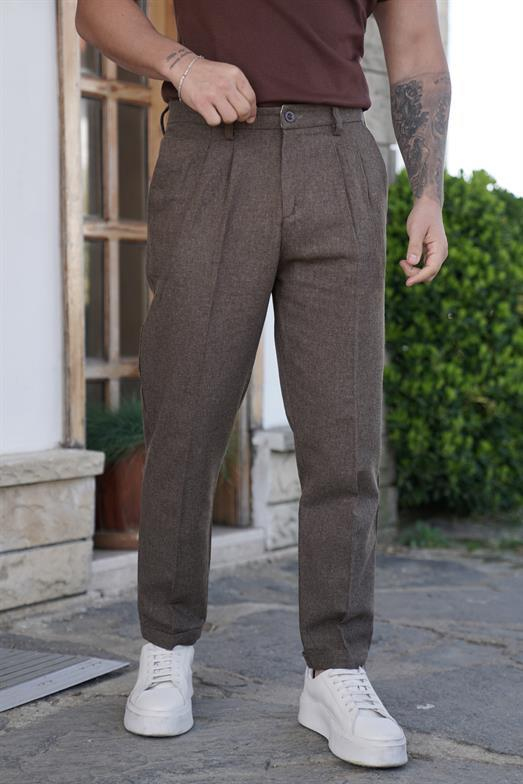 PantalonKahve OLD MONEY İTHAL KUMAŞ DUBLE BORU PAÇA PANTALON SNZ 3900 2024