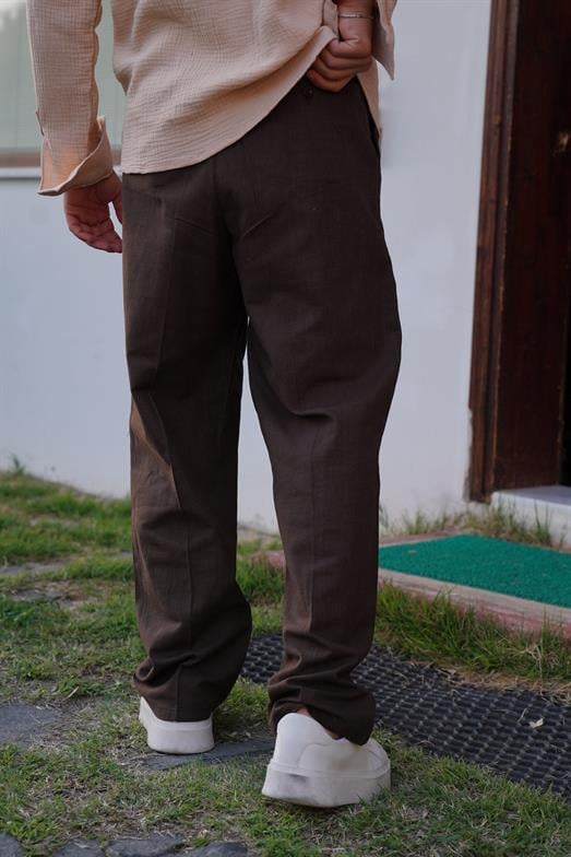 PantalonKahve PİLELİ BAGGY KALIP KETEN PANTALON SNZ 3937 2024