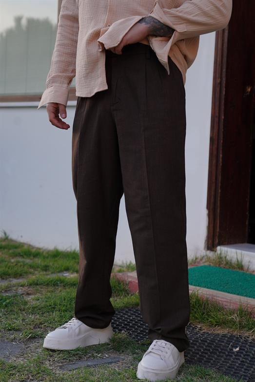PantalonKahve PİLELİ BAGGY KALIP KETEN PANTALON SNZ 3937 2024