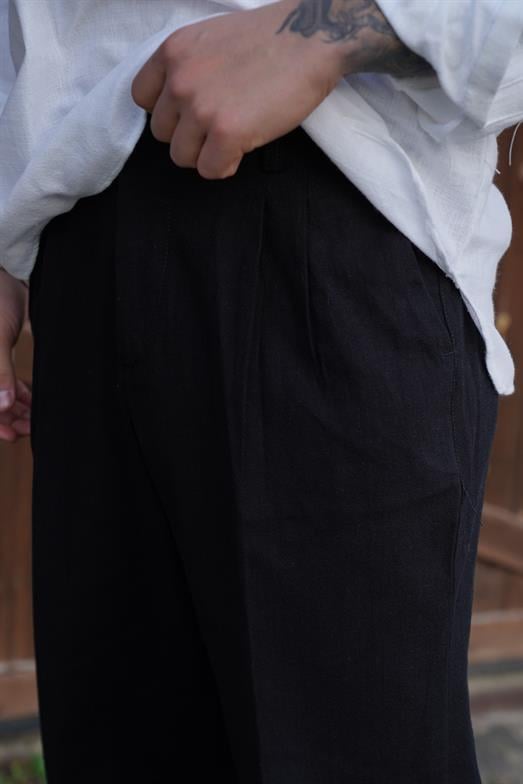 PantalonSiyah PİLELİ BAGGY KALIP KETEN PANTALON SNZ 3937 2024