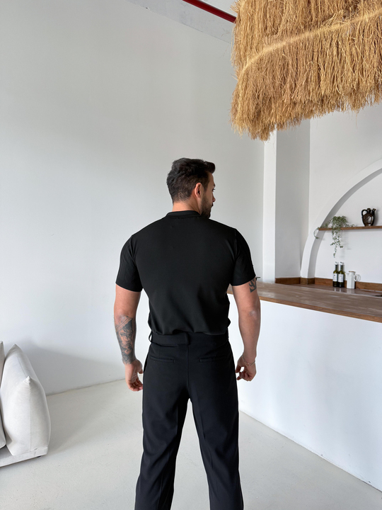 POLO YAKA T-SHİRTSiyah Jakar Desenli Düğmeli Polo Triko Tk