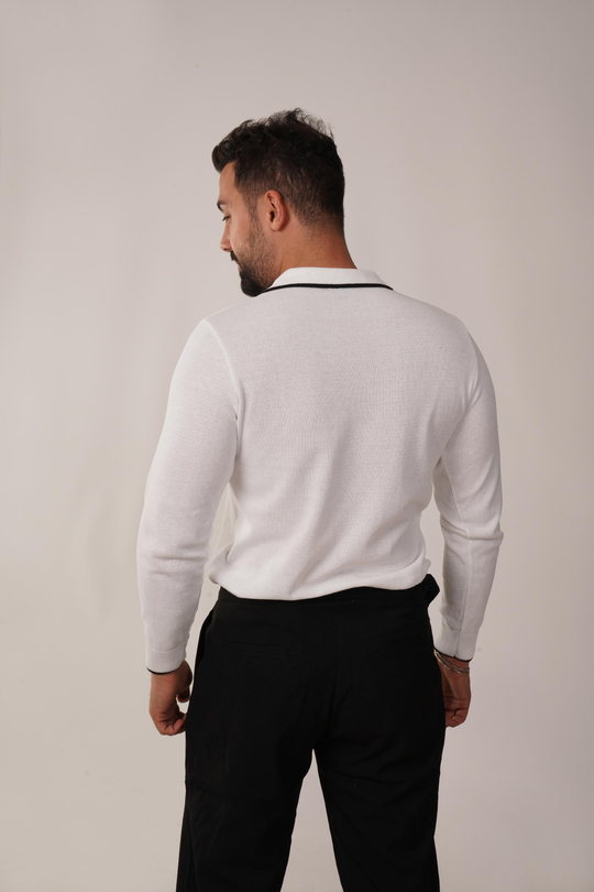 POLO YAKABeyaz Fermuarlı Triko Polo Yaka