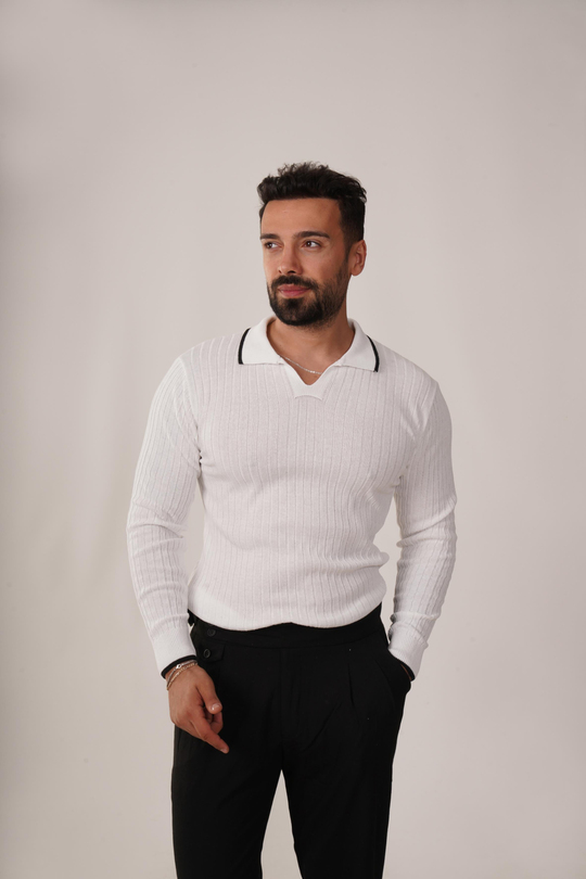 POLO YAKABeyaz Fitilli Açma Yaka Polo Yaka