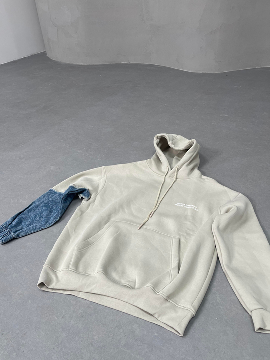 SweatBej 3 İplik Tek Kolu Kot Parçalı Kapşonlu Sweat VMS V1051