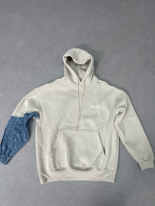 SweatBej 3 İplik Tek Kolu Kot Parçalı Kapşonlu Sweat VMS V1051