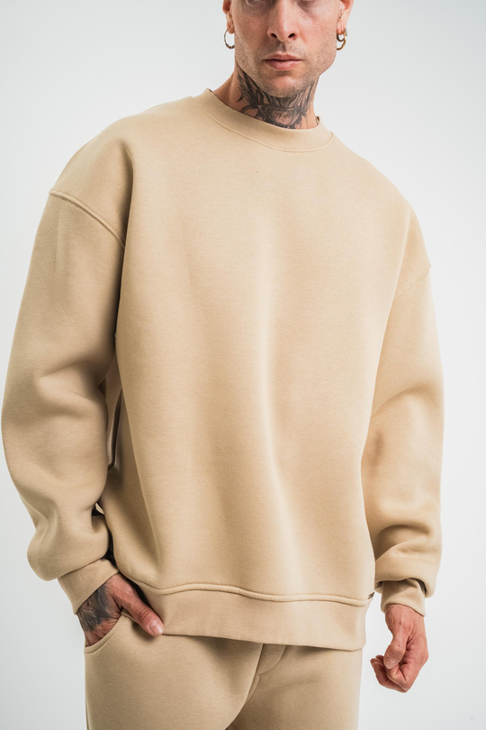 SweatBej Düz 3 İplik Bisiklet Yaka Sweatshirt PLZ