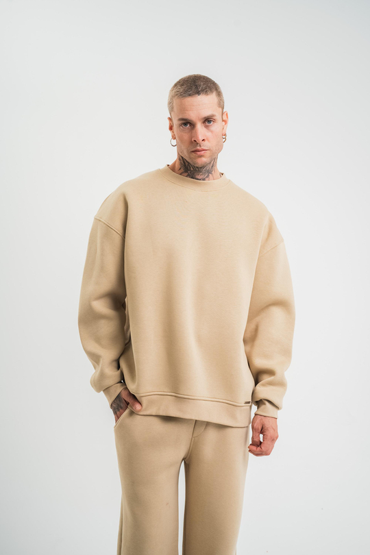 SweatBej Düz 3 İplik Bisiklet Yaka Sweatshirt PLZ