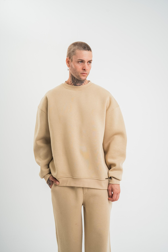 SweatBej Düz 3 İplik Bisiklet Yaka Sweatshirt PLZ