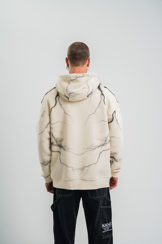 SweatBej Yıldırım Baskılı 3 İplik Kapşonlu Sweatshirt PLZ