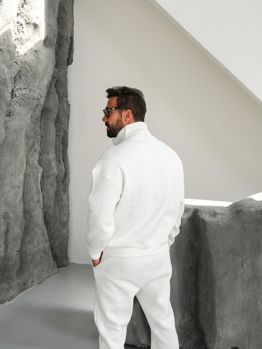 SweatBeyaz 3 İplik Oversize Compak Yarım Fermuarlı SC