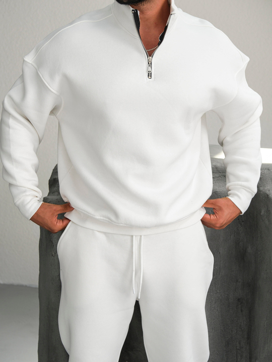 SweatBeyaz 3 İplik Oversize Compak Yarım Fermuarlı SC