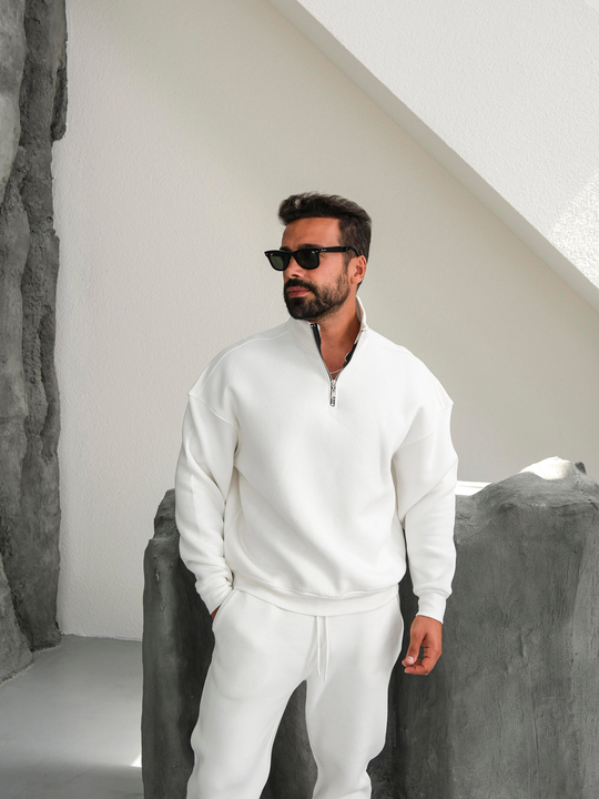 SweatBeyaz 3 İplik Oversize Compak Yarım Fermuarlı SC