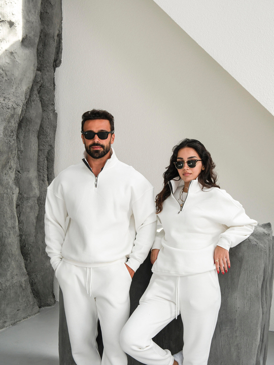 SweatBeyaz 3 İplik Oversize Compak Yarım Fermuarlı SC