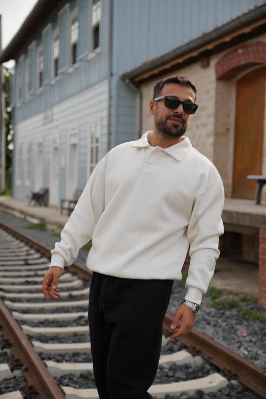 SweatBeyaz 3 İplik Oversize Polo yaka PLZ