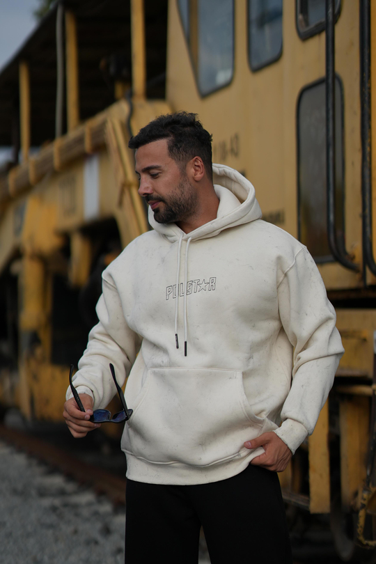 SweatBeyaz 3 İplik Oversize Polstar Baskılı Kapşonlu Sweatshirt PLZ