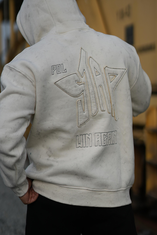 SweatBeyaz 3 İplik Oversize Polstar Baskılı Kapşonlu Sweatshirt PLZ