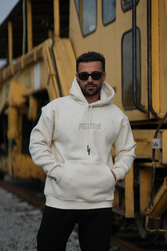 SweatBeyaz 3 İplik Oversize Polstar Baskılı Kapşonlu Sweatshirt PLZ