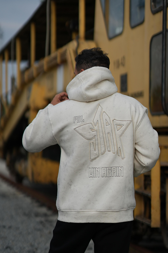 SweatBeyaz 3 İplik Oversize Polstar Baskılı Kapşonlu Sweatshirt PLZ