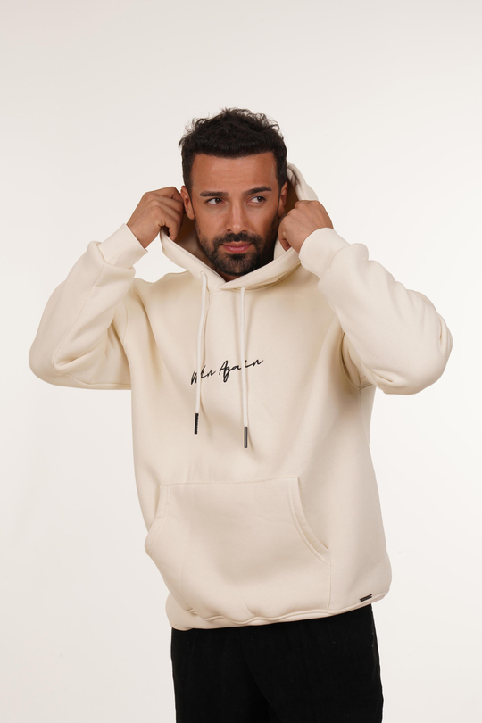 SweatBeyaz 3 İplik Oversize Winagain Yazılı Kapşonlu Sweatshirt PLZ
