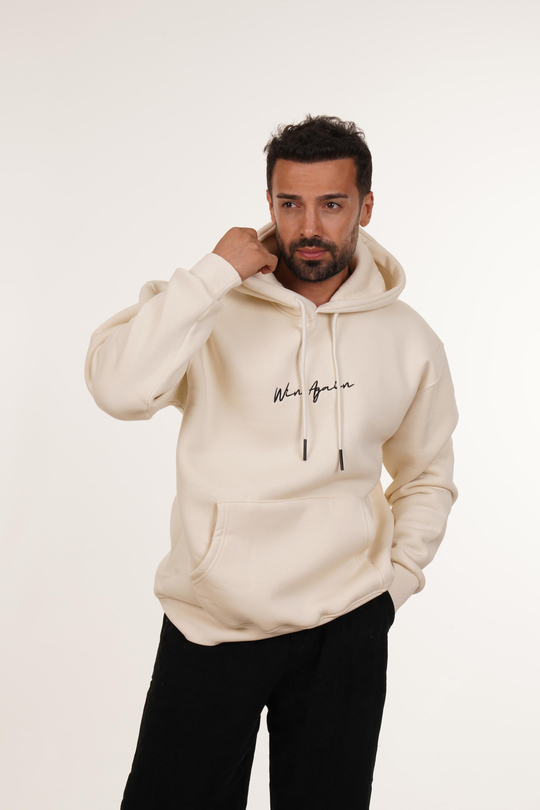 SweatBeyaz 3 İplik Oversize Winagain Yazılı Kapşonlu Sweatshirt PLZ