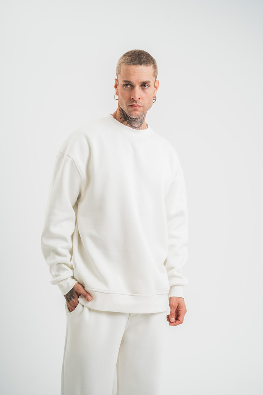 SweatBeyaz Düz 3 İplik Bisiklet Yaka Sweatshirt PLZ