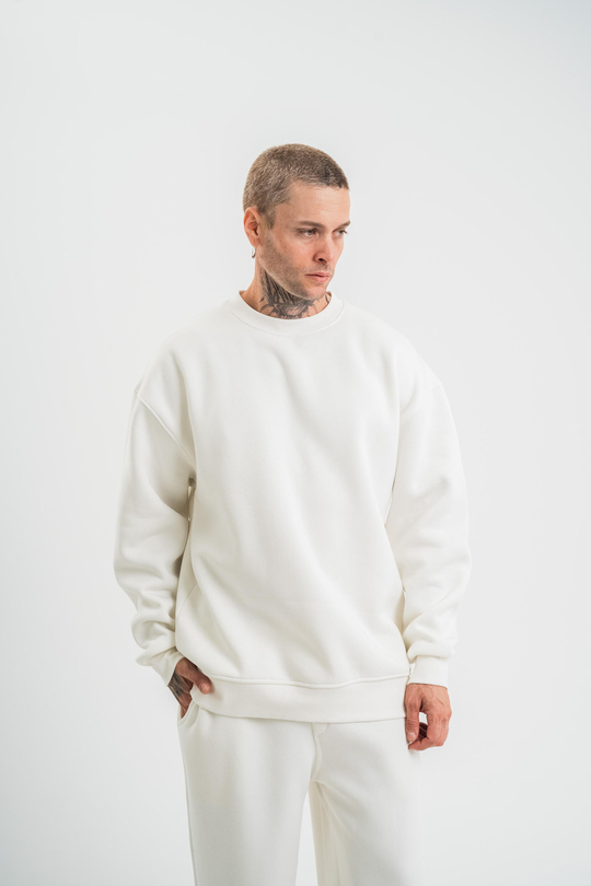 SweatBeyaz Düz 3 İplik Bisiklet Yaka Sweatshirt PLZ