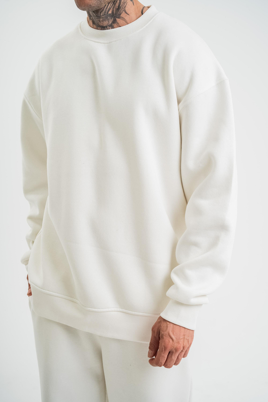 SweatBeyaz Düz 3 İplik Bisiklet Yaka Sweatshirt PLZ