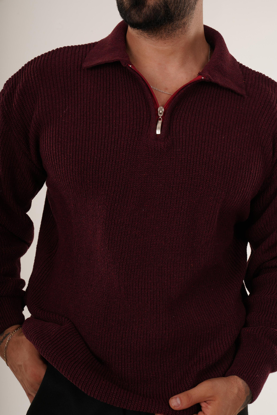 SweatBordo Selanik Polo Fermuarlı Kazak
