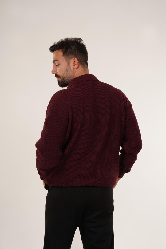 SweatBordo Selanik Polo Fermuarlı Kazak