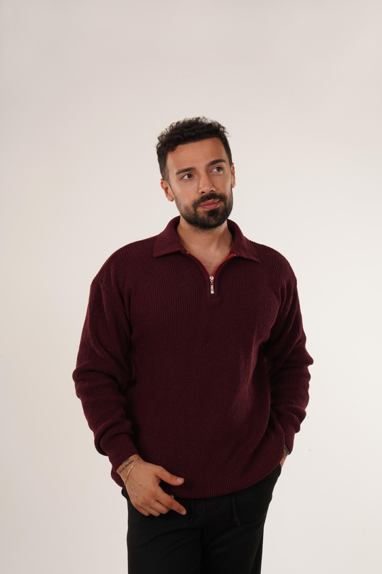 SweatBordo Selanik Polo Fermuarlı Kazak