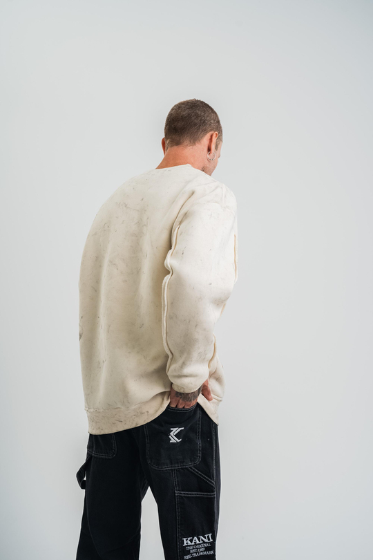 SweatEkru Çift Dilli Yıkamalı Bisiklet Yaka Sweatshirt PLZ