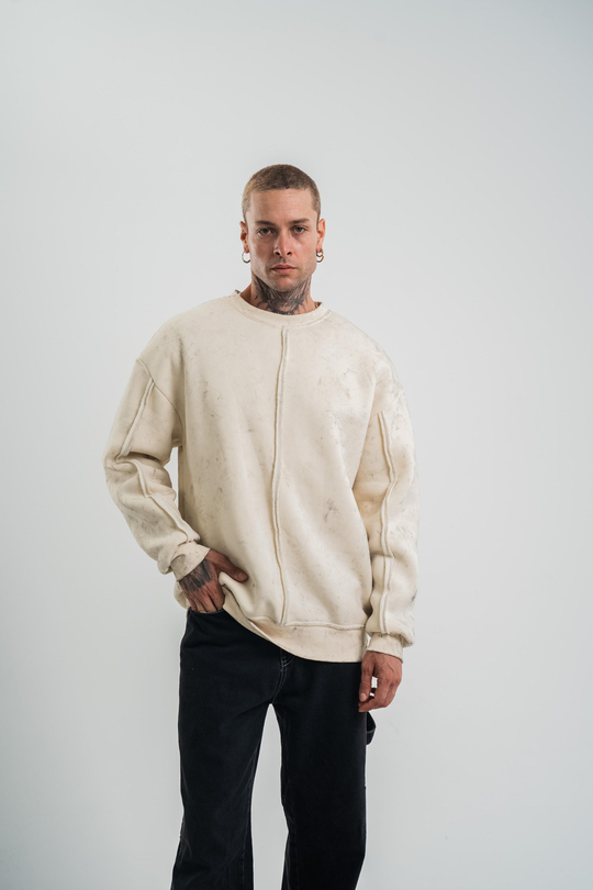 SweatEkru Çift Dilli Yıkamalı Bisiklet Yaka Sweatshirt PLZ