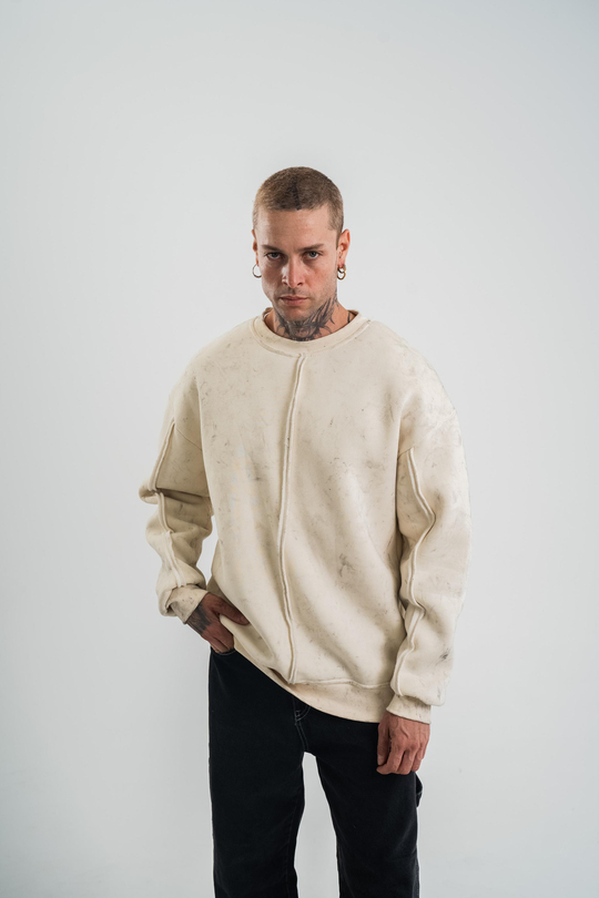 SweatEkru Çift Dilli Yıkamalı Bisiklet Yaka Sweatshirt PLZ