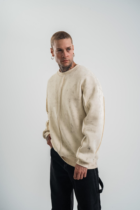 SweatEkru Çift Dilli Yıkamalı Bisiklet Yaka Sweatshirt PLZ